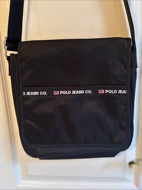 Vintage Ralph Lauren Polo‎ Messenger Bag Black Nylon Adjustable Strap Crossbody